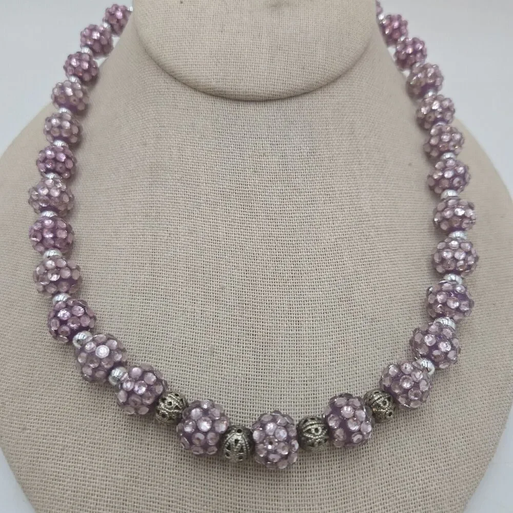 Vintage Purple Beaded Rhinestone Necklace Magnetic Clasp 18